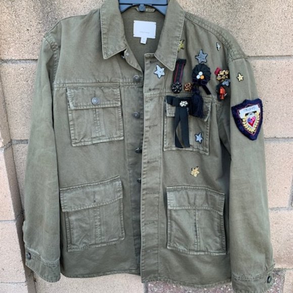 Cinq a' Sept Embellished Cotton Twill Military Jacket In Olive - Size M - Picture 2 of 6